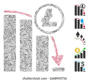 Mosaico de línea basado en el icono del gráfico de caída de pánico Litecoin. El gráfico de caída de pánico de Litecoin vector mosaico se crea con puntos de guión dispersos. Se agregan iconos de bonificación.