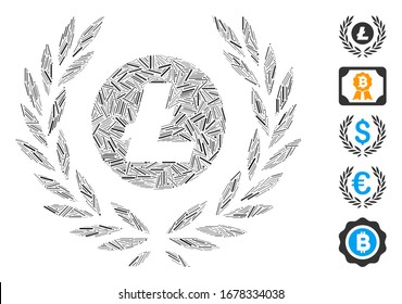 Line Mosaic based on Litecoin coin laurel wreath icon. Mosaic vector Litecoin coin laurel wreath is formed with random line spots. Bonus icons are added.