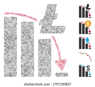 Line Mosaic based on Litecoin epic fail chart icon. Mosaic vector Litecoin epic fail chart is designed with scattered line spots. Bonus icons are added.