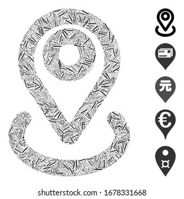 Line Mosaic based on location icon. Mosaic vector location is created with randomized line elements. Bonus icons are added.