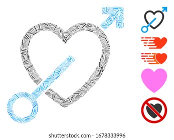 Line Mosaic based on love arrow icon. Mosaic vector love arrow is formed with random line items. Bonus icons are added.