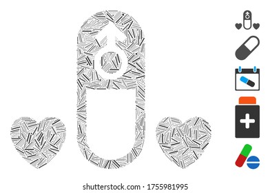 Mosaico de línea basado en el icono de la píldora de medicación de amor. La píldora de medicación para el amor por vector mosaico se crea con elementos de línea dispersos. Se agregan iconos de bonificación.