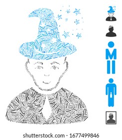 Line Mosaic based on magic master icon. Mosaic vector magic master is formed with random line spots. Bonus icons are added.