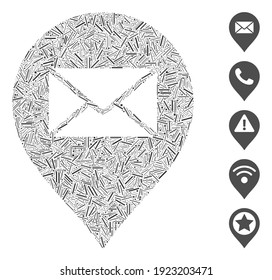 Line Mosaic based on mail letter marker icon. Mosaic vector mail letter marker is formed with random dash spots. Bonus icons are added.