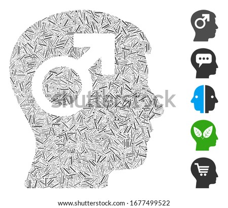 Line Mosaic based on male symbol head icon. Mosaic vector male symbol head is created with random line spots. Bonus icons are added.