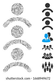 Line Mosaic based on man queue icon. Mosaic vector man queue is composed with random line spots. Bonus icons are added.