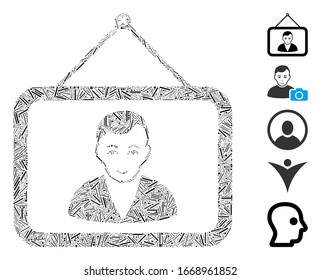 Line Mosaic based on man portrait icon. Mosaic vector man portrait is created with scattered line elements. Bonus icons are added.