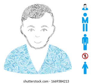 Mosaico de línea basado en el icono del hombre. El hombre vector mosaico se crea con elementos de línea aleatoria. Se agregan iconos de bonificación.