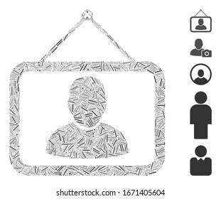 Line Mosaik auf der Grundlage des Menschen-Porträts Symbol. Mosaik Vektorillustration man Porträt wird mit randomisierten Linien Punkte erstellt. Bonussymbole werden hinzugefügt.