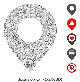 Line Mosaic based on map marker icon. Mosaic vector map marker is formed with scattered line dots. Bonus icons are added.