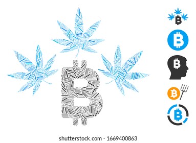 Line Mosaic based on marijuana Bitcoin business icon. Mosaic vector marijuana Bitcoin business is created with randomized line items. Bonus icons are added.