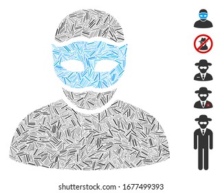 Line Mosaic based on mask person icon. Mosaic vector mask person is composed with random line elements. Bonus icons are added.