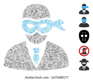 Mosaico de línea basado en un icono de ladrón enmascarado. El ladrón vectorial mosaico enmascarado está diseñado con elementos de línea aleatoria. Se agregan iconos de bonificación.