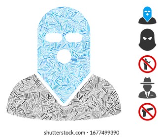 Line Mosaic based on masked killer icon. Mosaic vector masked killer is created with randomized line elements. Bonus icons are added.