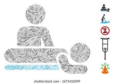 Mosaico de línea basado en el icono de masaje. Masaje vectorial mosaico se compone de manchas de líneas dispersas. Se agregan iconos de bonificación.