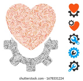 Line Mosaic based on mechanical heart icon. Mosaic vector mechanical heart is composed with randomized line dots. Bonus icons are added.