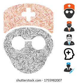Linie Mosaik basierend auf medic Head Symbol. Mosaikvektormediziner Kopf besteht aus verstreuten Zeilenpunkten. Bonussymbole werden hinzugefügt.