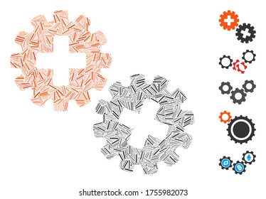 Line Mosaic based on medical gears icon. Mosaic vector medical gears is created with scattered line elements. Bonus icons are added.