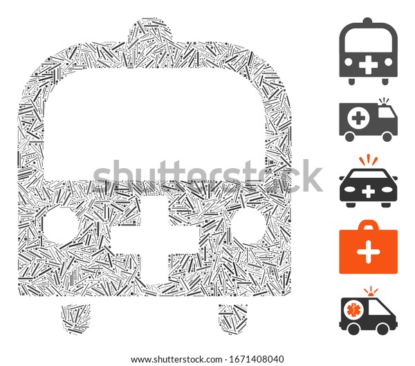 Line Mosaic based on medical bus icon. Mosaic\
vector medical bus is composed with randomized line spots. Bonus\
icons are added.