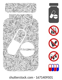Line Mosaic basierend auf dem Symbol für die Arzneimittel-Durchstechflasche. Die Durchstechflasche mit Mosaiken Vektorillustration zur Medikation wird mit zerstreuten Bruchpunkten hergestellt. Bonussymbole werden hinzugefügt.
