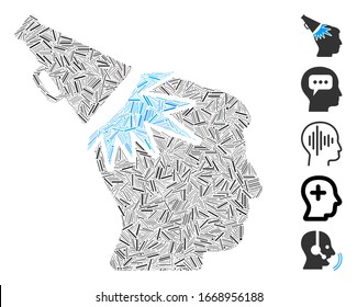 Line Mosaic based on megaphone impact head icon. Mosaic vector megaphone impact head is composed with random line items. Bonus icons are added.