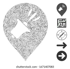 Line Mosaic based on megaphone map marker icon. Mosaic vector megaphone map marker is composed with randomized line spots. Bonus icons are added.