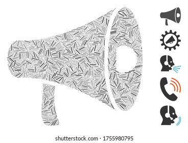 Mosaico de línea basado en el icono del megáfono. El megáfono vectorial mosaico se crea con elementos de línea aleatoria. Se agregan iconos de bonificación.