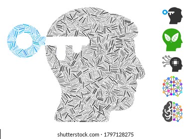 Line Mosaic based on mind key icon. Mosaic vector mind key is composed with scattered line spots. Bonus icons are added.