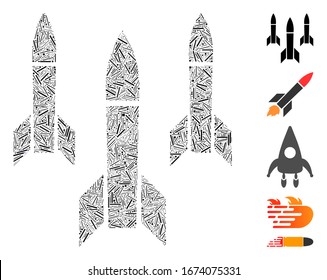 Line Mosaic based on missiles icon. Mosaic vector missiles is created with scattered line elements. Bonus icons are added.