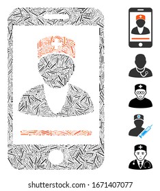 Line Mosaic based on mobile doctor icon. Mosaic vector mobile doctor is created with scattered line elements. Bonus icons are added.