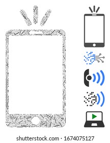 Line Mosaic based on mobile torch icon. Mosaic vector mobile torch is formed with randomized dash elements. Bonus icons are added.