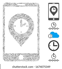Line Mosaic based on mobile time pointer icon. Mosaic vector mobile time pointer is composed with random line elements. Bonus icons are added.