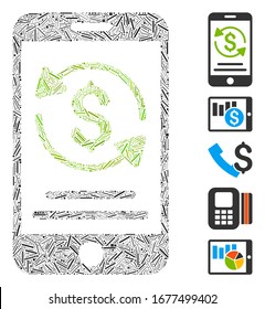 Line Mosaic based on mobile payment icon. Mosaic vector mobile payment is composed with random line dots. Bonus icons are added.