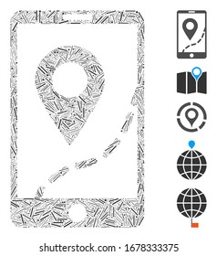 Line Mosaic based on mobile map navigation icon. Mosaic vector mobile map navigation is formed with random hatch dots. Bonus icons are added.