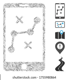 Line Mosaic based on mobile navigation route icon. Mosaic vector mobile navigation route is created with random line dots. Bonus icons are added.