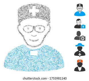 Line Mosaic based on monastic doctor icon. Mosaic vector monastic doctor is composed with randomized line dots. Bonus icons are added.