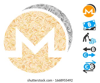 Mosaico de línea basado en el icono de las monedas de Monero. Monedas monero vectoriales mosaicos se forman con líneas aleatorias. Se agregan iconos de bonificación.