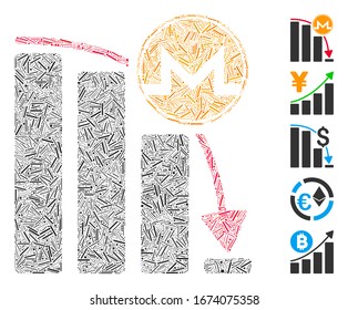 Line Mosaic based on Monero panic fall chart icon. Mosaic vector Monero panic fall chart is formed with random hatch elements. Bonus icons are added.