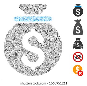 Line Mosaic based on money bag icon. Mosaic vector money bag is created with random line items. Bonus icons are added.