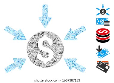 Mosaico de línea basado en el ícono de ingreso de dinero. Los ingresos monetarios del vector mosaico se crean con artículos de línea aleatorios. Se agregan iconos de bonificación.