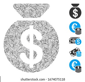 Mosaico de línea basado en el icono de bolsa de dinero. La bolsa de dinero vectorial mosaico se crea con puntos de línea dispersos. Se agregan iconos de bonificación.