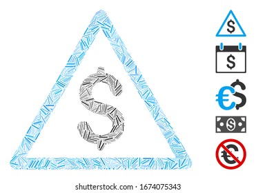 Line Mosaic based on money warning icon. Mosaic vector money warning is formed with scattered line items. Bonus icons are added.