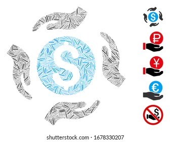 Line Mosaic based on money care hands icon. Mosaic vector money care hands is designed with scattered line spots. Bonus icons are added.