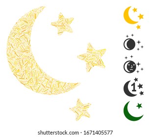 Line Mosaic based on moon stars icon. Mosaic vector moon stars is designed with randomized dash elements. Bonus icons are added.