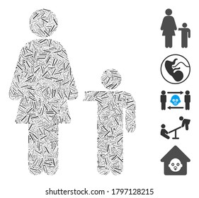 Line Mosaic based on mother child icon. Mosaic vector mother child is created with randomized line dots. Bonus icons are added.