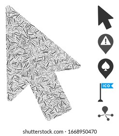 Linie Mosaik basierend auf dem Mauszeigersymbol. Mosaik Vektorillustration Mauszeiger ist mit zufälligen Linien zusammengesetzt. Bonussymbole werden hinzugefügt.