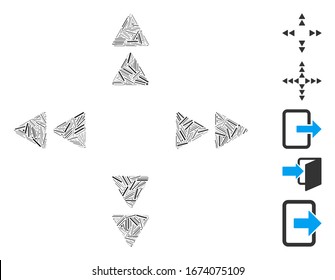 Line Mosaic based on move out triangles icon. Mosaic vector move out triangles is designed with randomized line items. Bonus icons are added.
