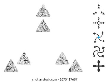 Line Mosaic based on move out triangles icon. Mosaic vector move out triangles is composed with randomized line spots. Bonus icons are added.