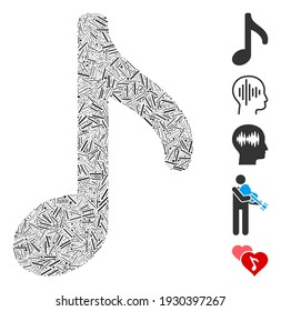 Mosaico de línea basado en el icono de nota musical. La nota de música vectorial mosaico se crea con puntos de línea al azar. Se agregan iconos de bonificación.