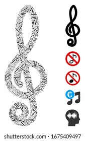 Line Mosaic based on musical notation icon. Mosaic vector musical notation is created with scattered dash elements. Bonus icons are added.